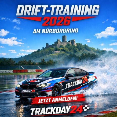 Drifttraining 2026 am Nürburgring – TrackDay24 BMW M3 beim Drift auf dem Kurs mit der Nürburg-Burg im Hintergrund